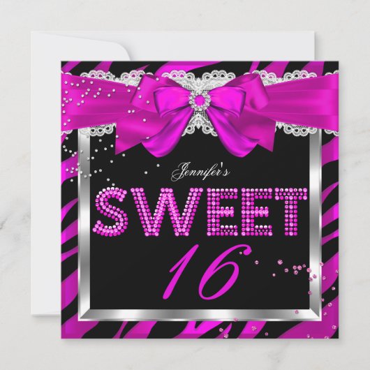 スウィート16ホットピンクゼブラグリッターグラム誕生日 招待状 (正面)