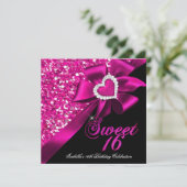 スウィート16ホットピンクハートボウブラックパーティー 招待状 (スタンド正面)