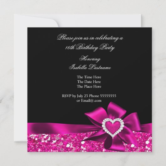 スウィート16ホットピンクハートボウブラックパーティー 招待状 (裏面)
