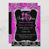 スウィート16ホットピンクブラックダマスクティアラ招待状 招待状 (正面/裏面)