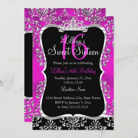 スウィート16ホットピンクブラックダマスクティアラ招待状 招待状 (正面/裏面)