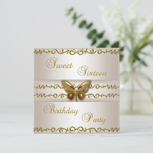 スウィート16ホワイトクリーム金ゴールドパールバタフライジュエル 招待状 (スタンド正面)