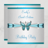 スウィート16ホワイトティール(緑がかった色)ブルーバタフライ誕生日 招待状 (正面/裏面)