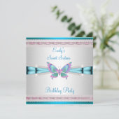 スウィート16ホワイトティール（緑がかった色）ブルーピンクバタフライ誕生日 招待状 (スタンド正面)