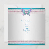 スウィート16ホワイトティール（緑がかった色）ブルーピンクバタフライ誕生日 招待状 (裏面)