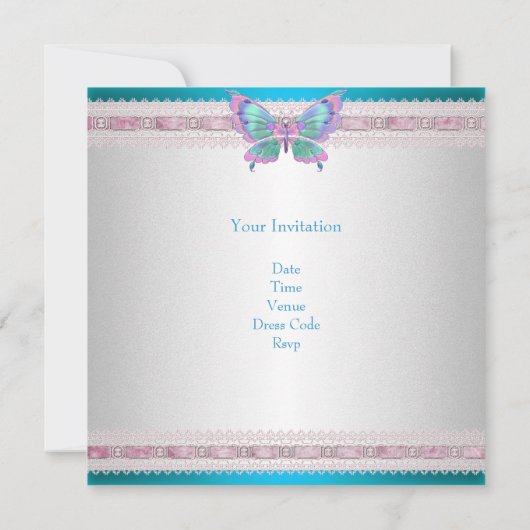 スウィート16ホワイトティール（緑がかった色）ブルーピンクバタフライ誕生日 招待状 (裏面)