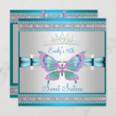 スウィート16ホワイトティール(緑がかった色)ブルーピンクバタフライ 招待状 (正面/裏面)