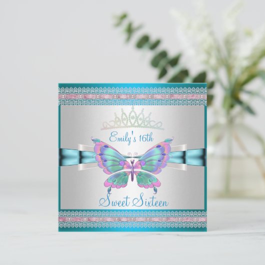スウィート16ホワイトティール(緑がかった色)ブルーピンクバタフライ 招待状 (スタンド正面)