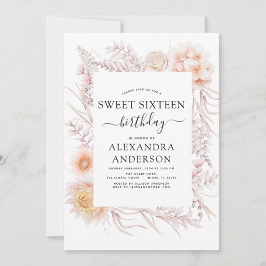 スウィート16ボホダスティピンクフローラ誕生日 招待状 (正面)