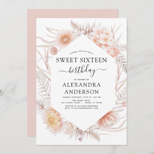 スウィート16ボホダスティピンクフローラ16位誕生日 招待状 (正面/裏面)