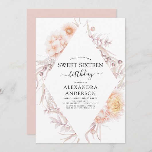 スウィート16ボホダスティピンクフローラ16th誕生日インビ 招待状 (正面/裏面)