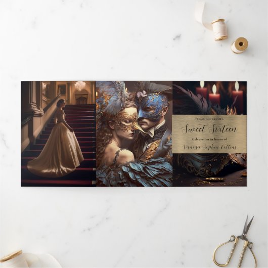 スウィート16マスカレードパーティの招待状 三つ折り招待状 (外部)