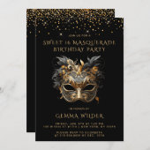 スウィート16マスカレード誕生日パーティブラック金ゴールド 招待状 (正面/裏面)