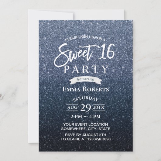 スウィート16モダンネイビーブルーグリッター誕生日 招待状 (正面)