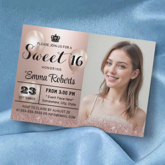 スウィート16モダンバラ金ゴールドグリッターフォト誕生日 招待状