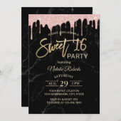 スウィート16モダンバラ金ゴールドドリップスブラックマーブル 招待状 (正面/裏面)