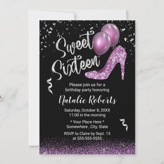 スウィート16モダンパープルグリッターガール16th誕生日 招待状 (正面)