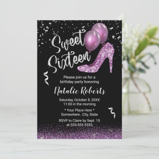 スウィート16モダンパープルグリッターガール16th誕生日 招待状 (スタンド正面)
