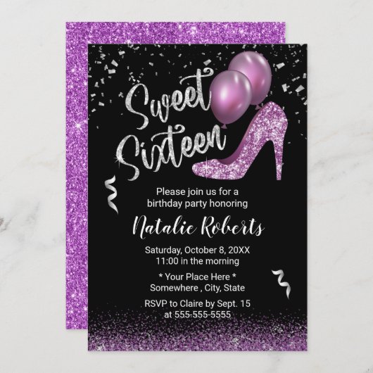 スウィート16モダンパープルグリッターガール16th誕生日 招待状