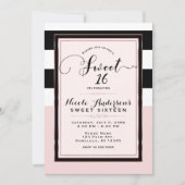 スウィート16モダンピンクブラック&ホワイトストライプパーティー 招待状 (正面)