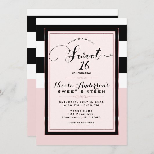 スウィート16モダンピンクブラック&ホワイトストライプパーティー 招待状 (正面/裏面)