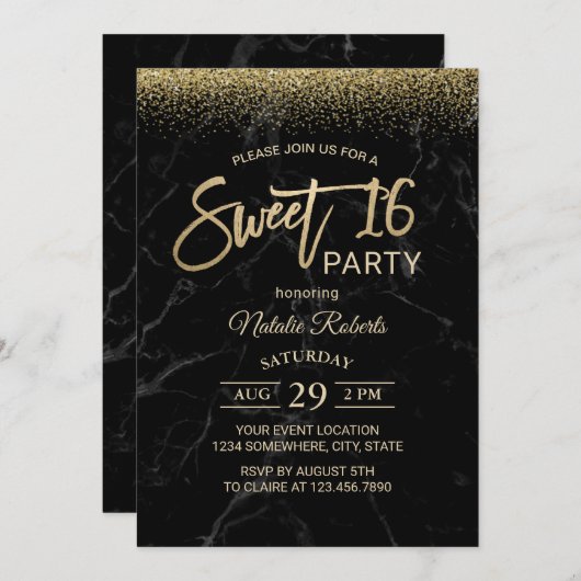 スウィート16モダン金ゴールドタイポグラフィブラックマーブル 招待状 (正面/裏面)