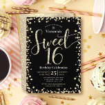 スウィート16モダン金ゴールドブラックグリッターガーリー誕生日 招待状<br><div class="desc">「Happy Sweet 16」。忘れてはな素晴らしいイベントに対しガーリーて、スパーッモダンク、フェスティバル、パーソナライズされたパーティの招待状を送信する。金ゴールドグリッタースクリプトタイポグラフィと紙吹雪は黒い背景をオーバーレイ。追加の金ゴールドグリッター紙吹雪は、背面にブラシ付き金ゴールドフォイルをオーバーレイ。娘の名カスタム前と他のパーティー詳細で文字をパーソナライズする。グリッター素晴らしとグラムを愛しファッショニスタてモダン、彼女の特別なパーティーにおもしろいを追加することを保証した出芽のためのスタイリッシュ!マッチングプレート、ナプキン、その他の誕生日グッズもこのトレンディーと特別なコレクションで利用可能である。ちょうど誕生日の女の子の名前とパーティーの場所情報を入力し、あなたは簡単にこの誕生日の招待をパーソナライズすることができる。質問や要望があれば私に連絡して下さい。</div>