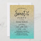 スウィート16モダン金ゴールド&ターコイズグリッター誕生日 招待状 (正面)