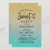 スウィート16モダン金ゴールド&ターコイズグリッター誕生日 招待状 (正面/裏面)