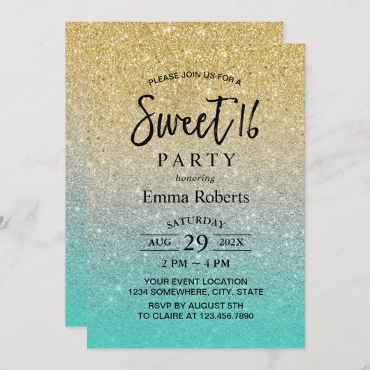 スウィート16モダン金ゴールド&ターコイズグリッター誕生日 招待状 (正面/裏面)