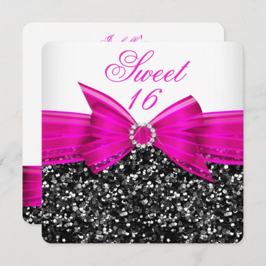スウィート16ラグジュアリーグリッターホットピンクボウ白黒 招待状 (正面/裏面)