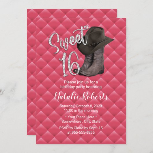 スウィート16ラグジュアリーピンクキルテッド女性のカーボーイ誕生日 招待状 (正面/裏面)