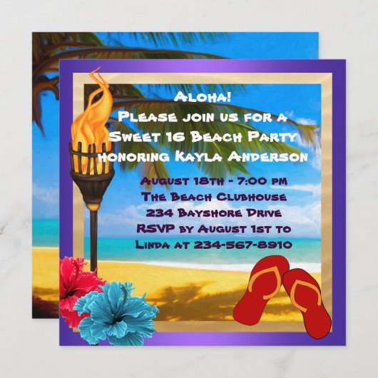 スウィート16ルアウ（ハワイ式宴会）ビーチパーティー 招待状 (正面/裏面)