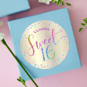 スウィート16レインボーグリッター紙吹雪金ゴールド誕生日 ラウンドシール
