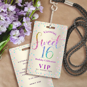 スウィート16レインボーグリッター金ゴールド誕生日VIPパス バッジ