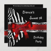 スウィート16レッドシルバーブラックゼブラヒョウ誕生日 招待状 (正面/裏面)