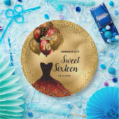 スウィート16レッドドレス金ゴールドグリッター16th誕生日 ペーパープレート (パーティー)