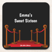 スウィート16レッド&ブラックカーペット紙吹雪誕生日 スクエアペーパーコースター (正面)