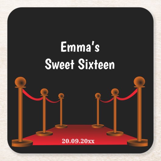 スウィート16レッド&ブラックカーペット紙吹雪誕生日 スクエアペーパーコースター (正面)