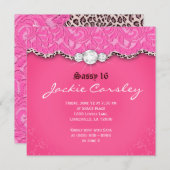 スウィート16レースパーティー招待ピンクヒョウ柄 招待状 (正面/裏面)