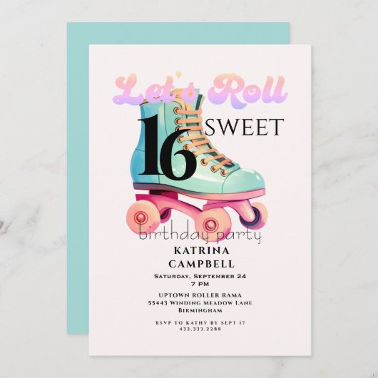 スウィート16ローラースケートで滑る誕生日パーティー 招待状 (正面/裏面)