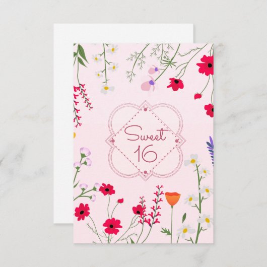 スウィート16ワイルドフラワーピンク誕生日パーティー 招待状 (正面/裏面)