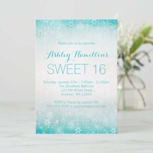 スウィート16ヴィンテージティール(緑がかった色)ウィンターワンダーランド 招待状 (スタンド正面)
