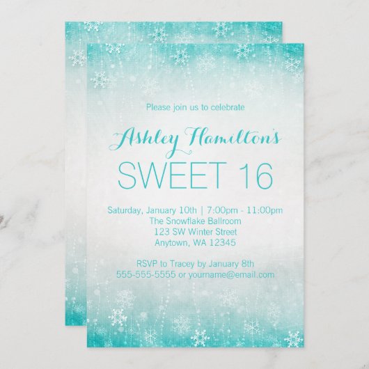 スウィート16ヴィンテージティール(緑がかった色)ウィンターワンダーランド 招待状 (正面/裏面)