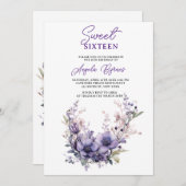 スウィート16ヴィンテージパープルフローラリース誕生日 招待状 (正面/裏面)