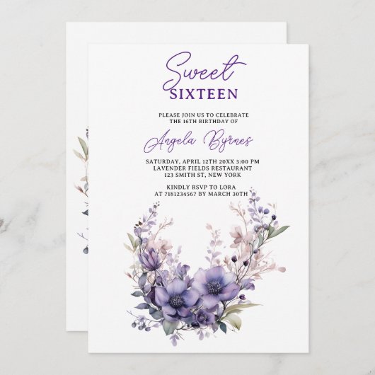 スウィート16ヴィンテージパープルフローラリース誕生日 招待状 (正面/裏面)