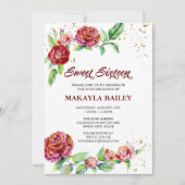 スウィート16ヴィンテージレッドローゼス金ゴールド紙吹雪フローラ 招待状 (正面)