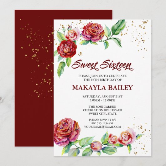スウィート16ヴィンテージレッドローゼス金ゴールド紙吹雪フローラ 招待状 (正面/裏面)