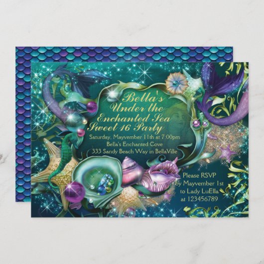 スウィート16人魚アンダーザシー誕生日招待状 招待状 (正面/裏面)
