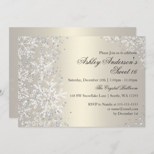 スウィート16冬ワンダーランドスパークルスノーフレーク 招待状 (正面/裏面)
